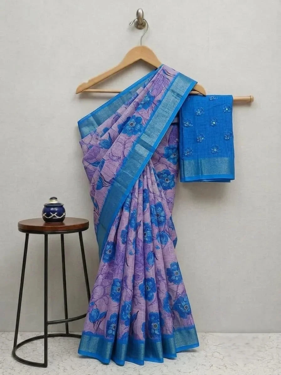 Lavender Handloom Linen Cotton Saree